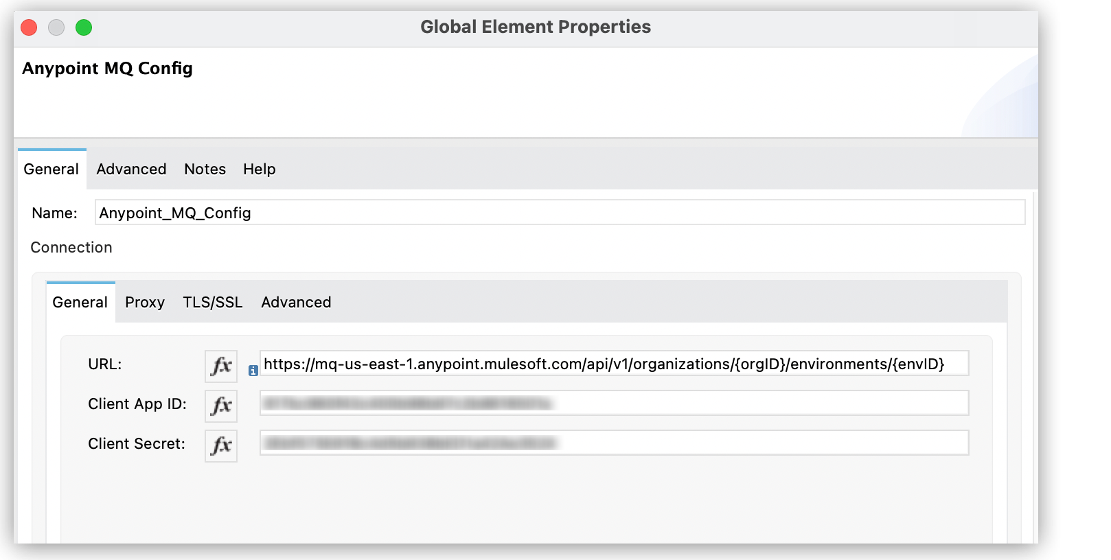 Global Element properties, including URL, client app ID, and client secret