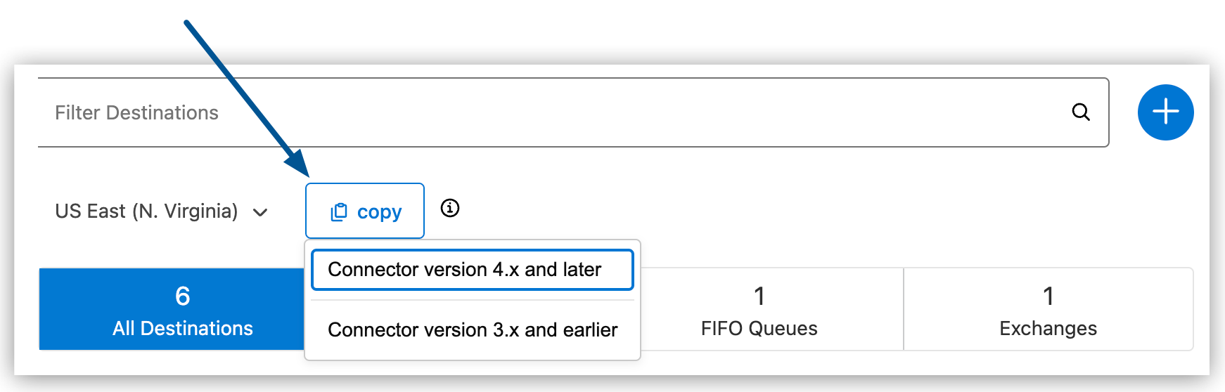 Copy button and menu with connector version options